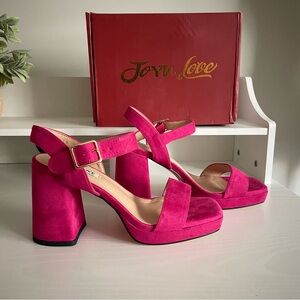 JOY IN LOVE Womens Size 7.5 Chunky Block High Heels Ankle Strap “Fuchsia Suede”